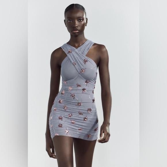 NWT Zara Womana Bloggers Fav Sequined DRAPED SEQUIN DRESS Size S Small - Picture 1 of 12